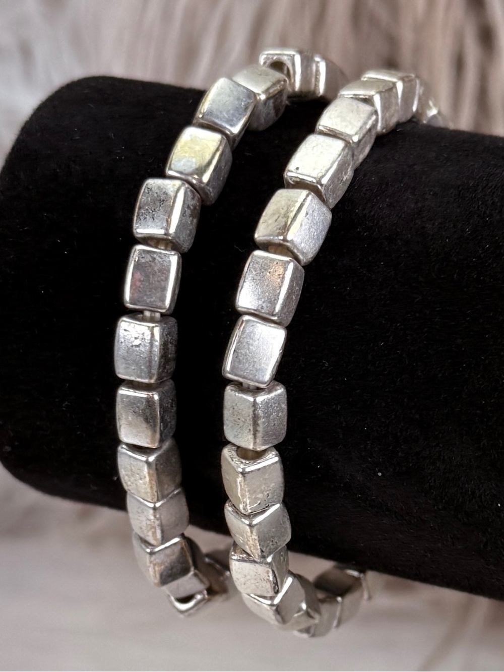 Pair of Vintage Silver Tone Cube Stretch Bracelets